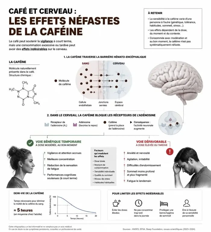 Infographie sur les effets néfastes du café sur le cerveau et le mécanisme de la caféine