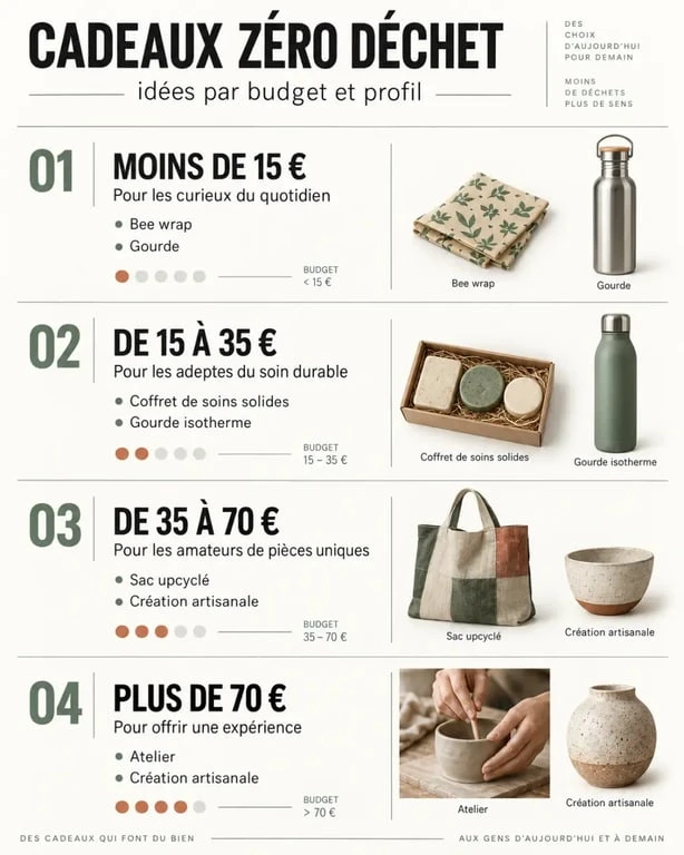 Idée cadeau zéro déchet classée par budget et profil de destinataire