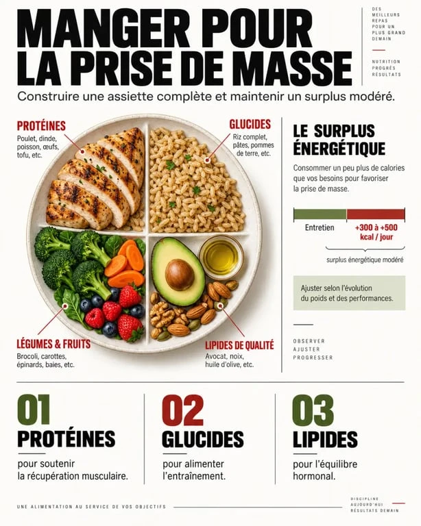Manger prise de masse : répartition des protéines, glucides, lipides et surplus calorique modéré