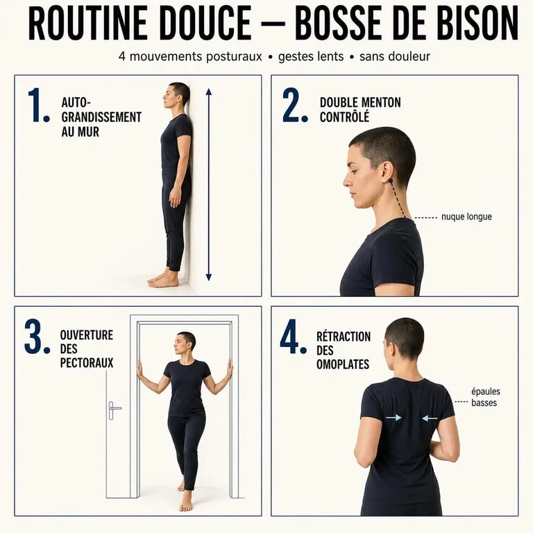 Exercices bosse de bison : routine visuelle en 4 étapes pour redresser la posture et ouvrir le haut du dos