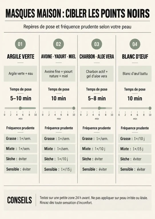 Comparatif visuel d'un masque anti point noir maison selon le type de peau : temps de pose et fréquence