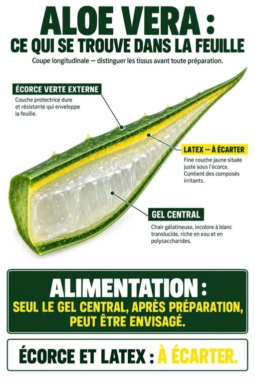 Aloe vera comestible : schéma du gel interne, du latex jaune et de l’écorce