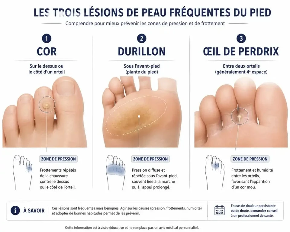 Cor au pied ou durillon : illustration comparative du cor, du durillon et de l’œil de perdrix