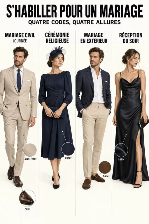 Comment s'habiller pour un mariage selon le lieu, l'heure et le niveau de formalité