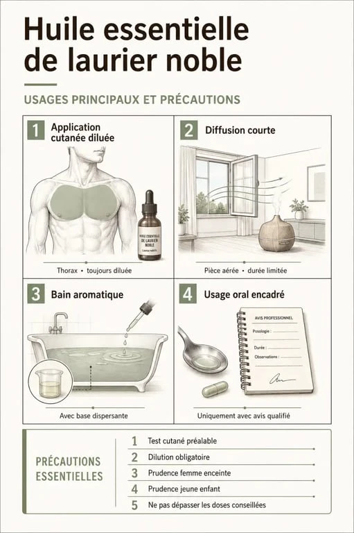 Huile essentielle de laurier noble utilisation : modes d’emploi et précautions