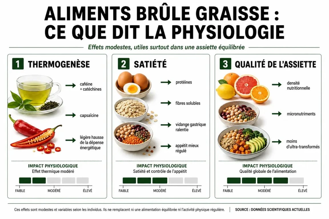 Infographie des aliments brûle graisse : thermogenèse, satiété, protéines et fibres