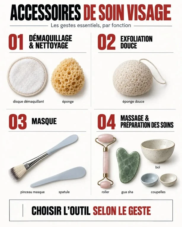 Infographie des accessoires de soin visage classés par fonction