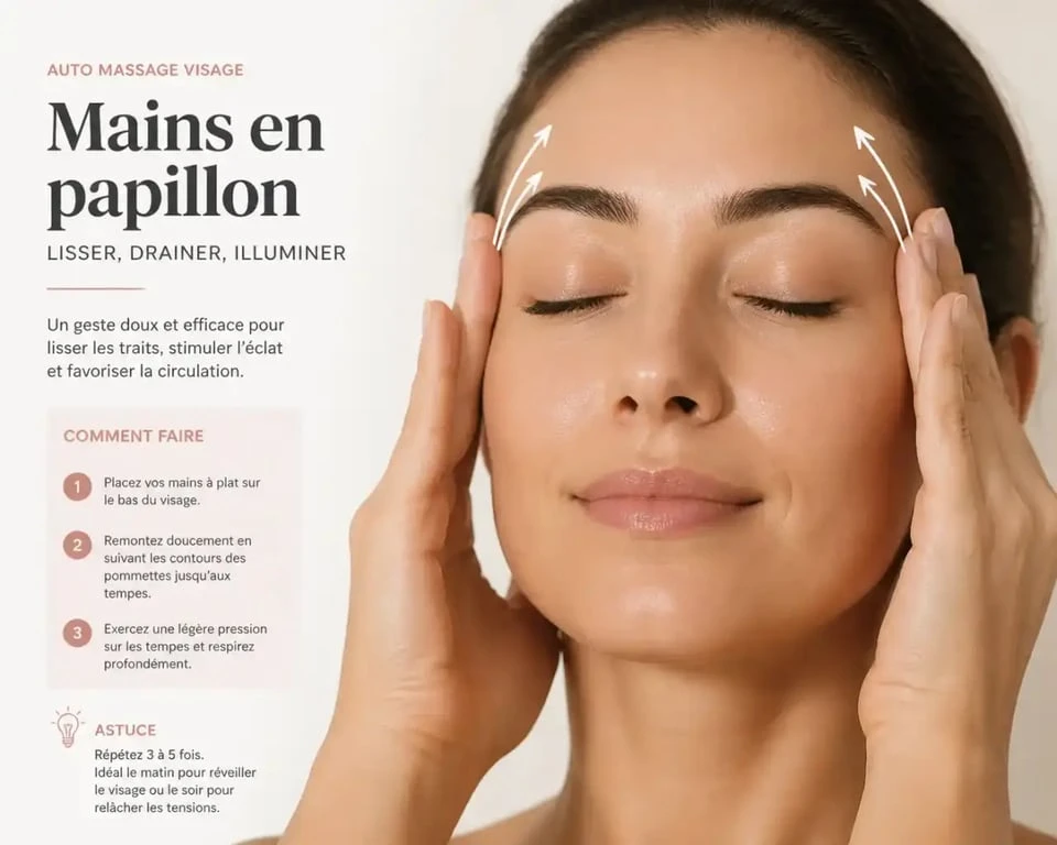 Geste d'auto massage visage avec les mains en papillon vers les tempes