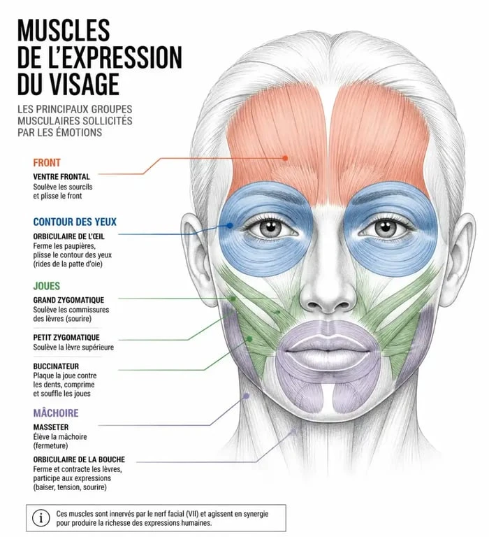 Schéma des muscles du visage sollicités lors d'un auto massage visage