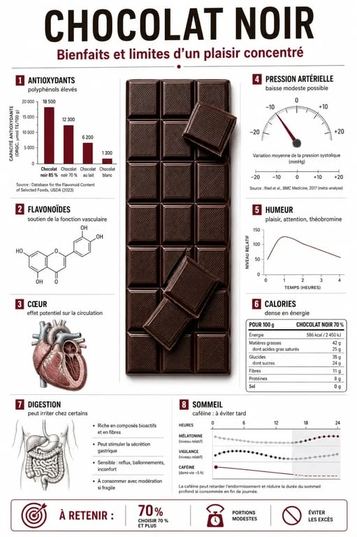 Infographie sur chocolat noir bienfaits et méfaits : antioxydants, cœur, calories, digestion et sommeil