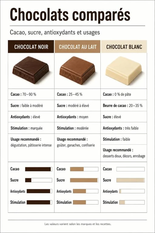 Comparatif chocolat noir bienfaits et méfaits entre chocolat noir, au lait et blanc