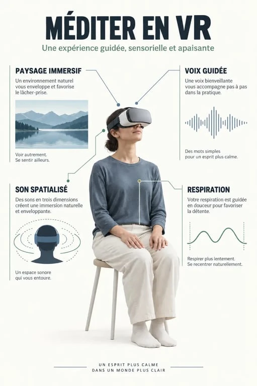 Schéma expliquant le fonctionnement de la VR meditation et de l’immersion sensorielle