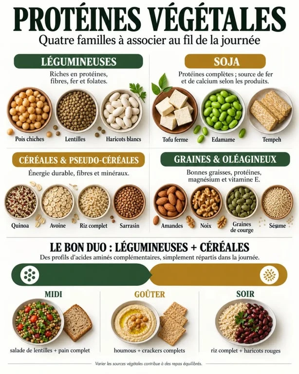 Infographie sur les sources de proteines vegetales et la complémentarité entre légumineuses, céréales, soja et graines