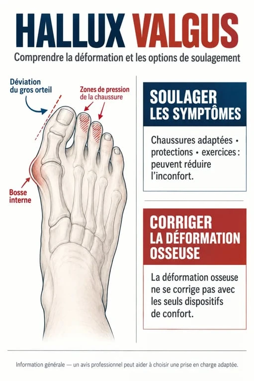 Infographie sur l’hallux valgus remède de grand-mère : zones de pression et différence entre soulager et corriger la déformation