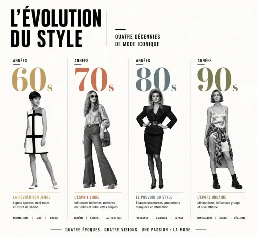 Infographie des silhouettes emblématiques pour le style vestimentaire vintage des années 60 à 90