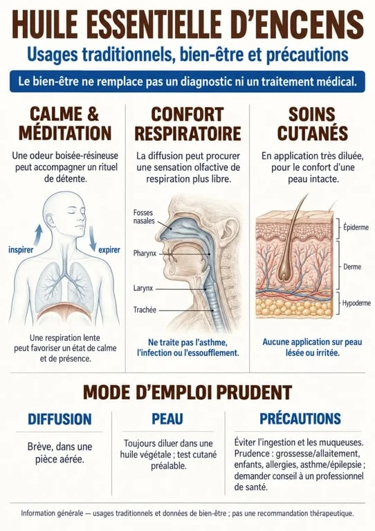 Infographie sur les bienfaits de l’huile essentielle d’encens, ses usages et ses précautions