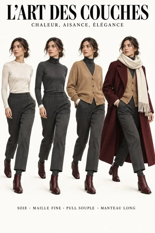 Superposition des couches pour composer une tenue de mode hiver femme chaude et élégante