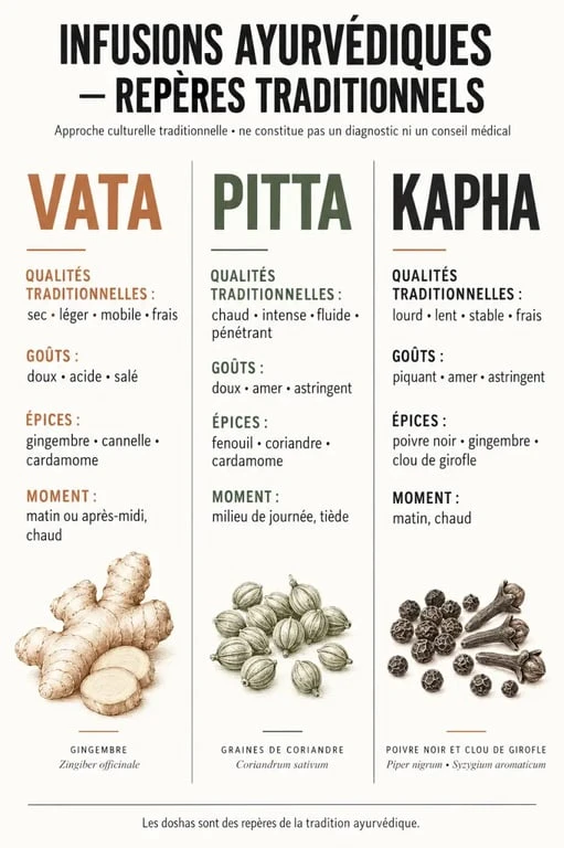 Infusion ayurveda : comparaison traditionnelle des doshas Vata, Pitta et Kapha