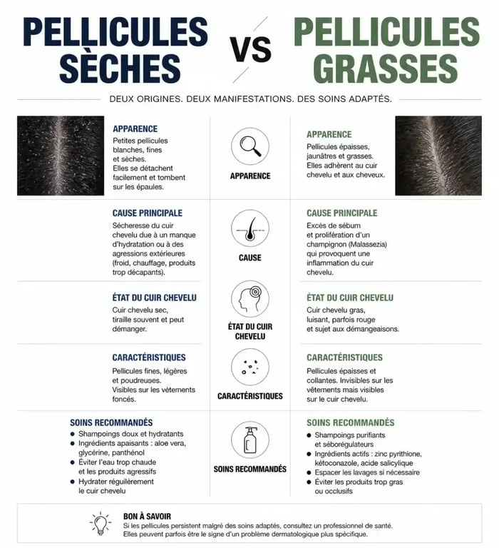 Tableau comparatif pour différencier les pellicules sèches des pellicules grasses cheveux