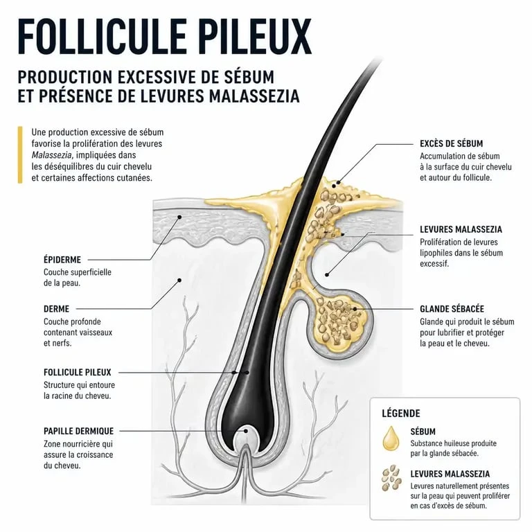 Schéma du mécanisme biologique des pellicules grasses sur le cuir chevelu