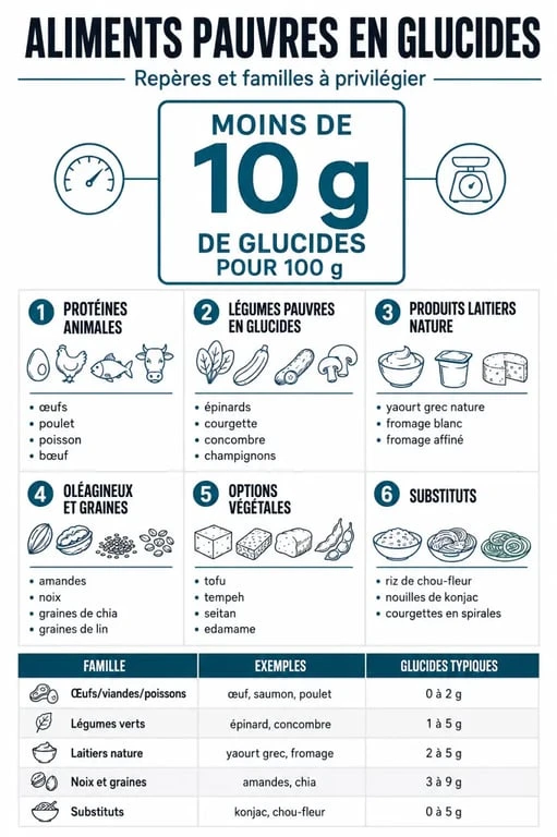 Aliments pauvre en glucide : infographie des aliments à privilégier et du seuil de 10 g pour 100 g
