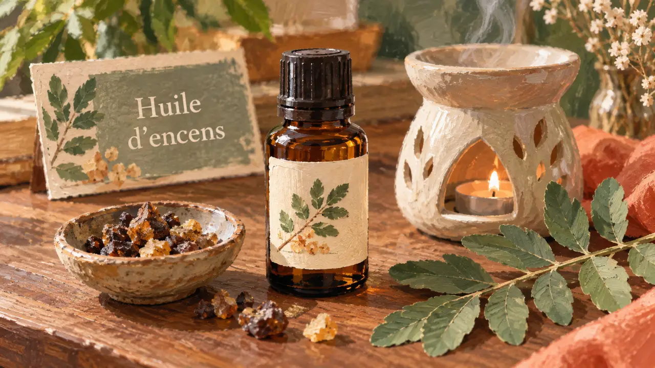 Huile essentielle encens bienfaits : flacon et résine pour calme, respiration et peau