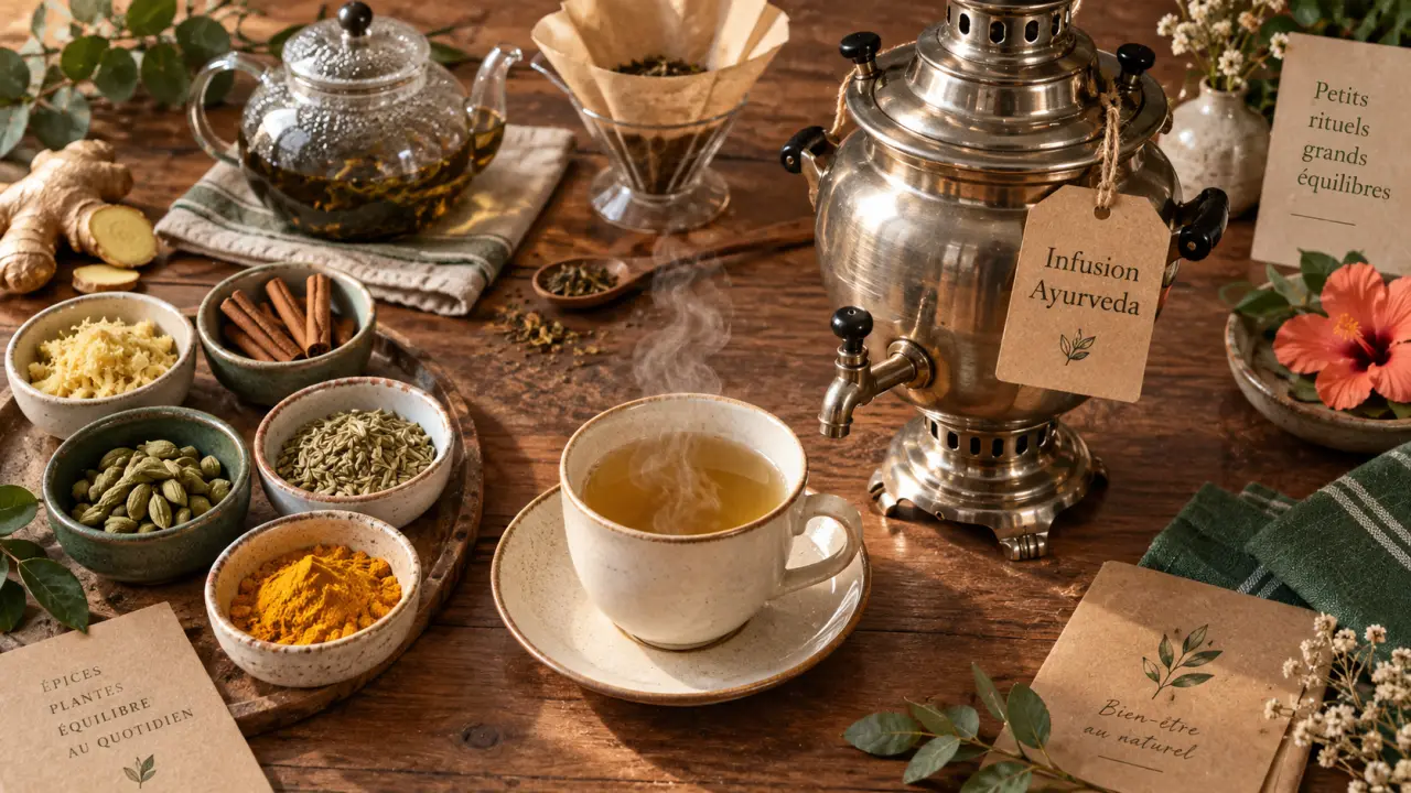 Infusion ayurveda : mélange Vata Pitta Kapha en tasses et épices