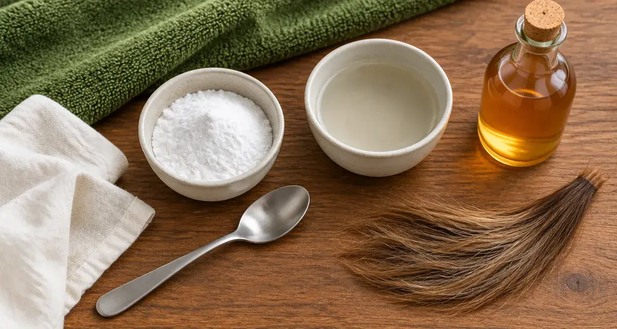 Bicarbonate de soude cheveux pour clarifier sans assécher, bol et vinaigre de cidre