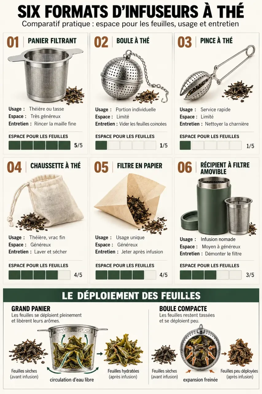 Infographie comparative des formats d’infuseur à thé et de leurs usages