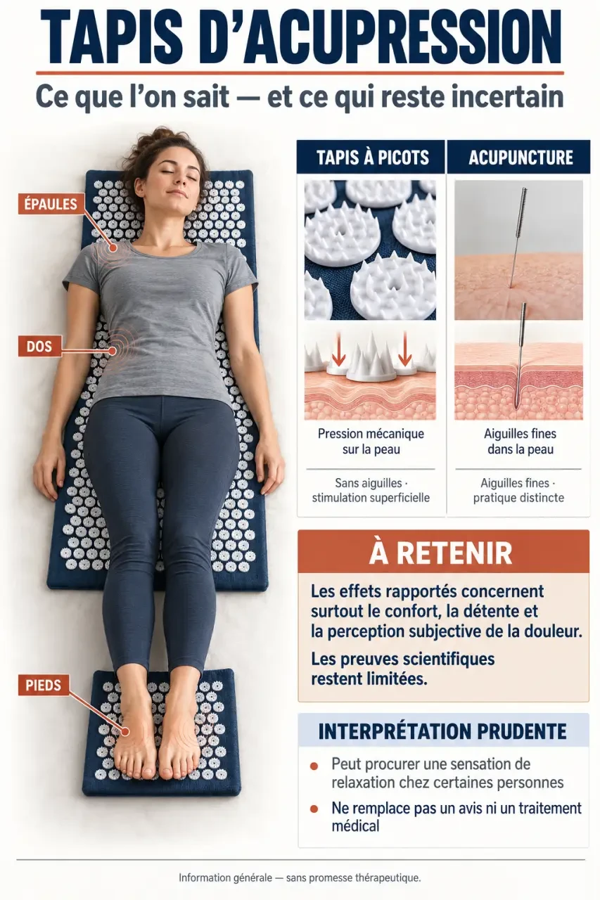 Infographie sur les tapis d acupression bienfaits, zones ciblées et limites des preuves scientifiques