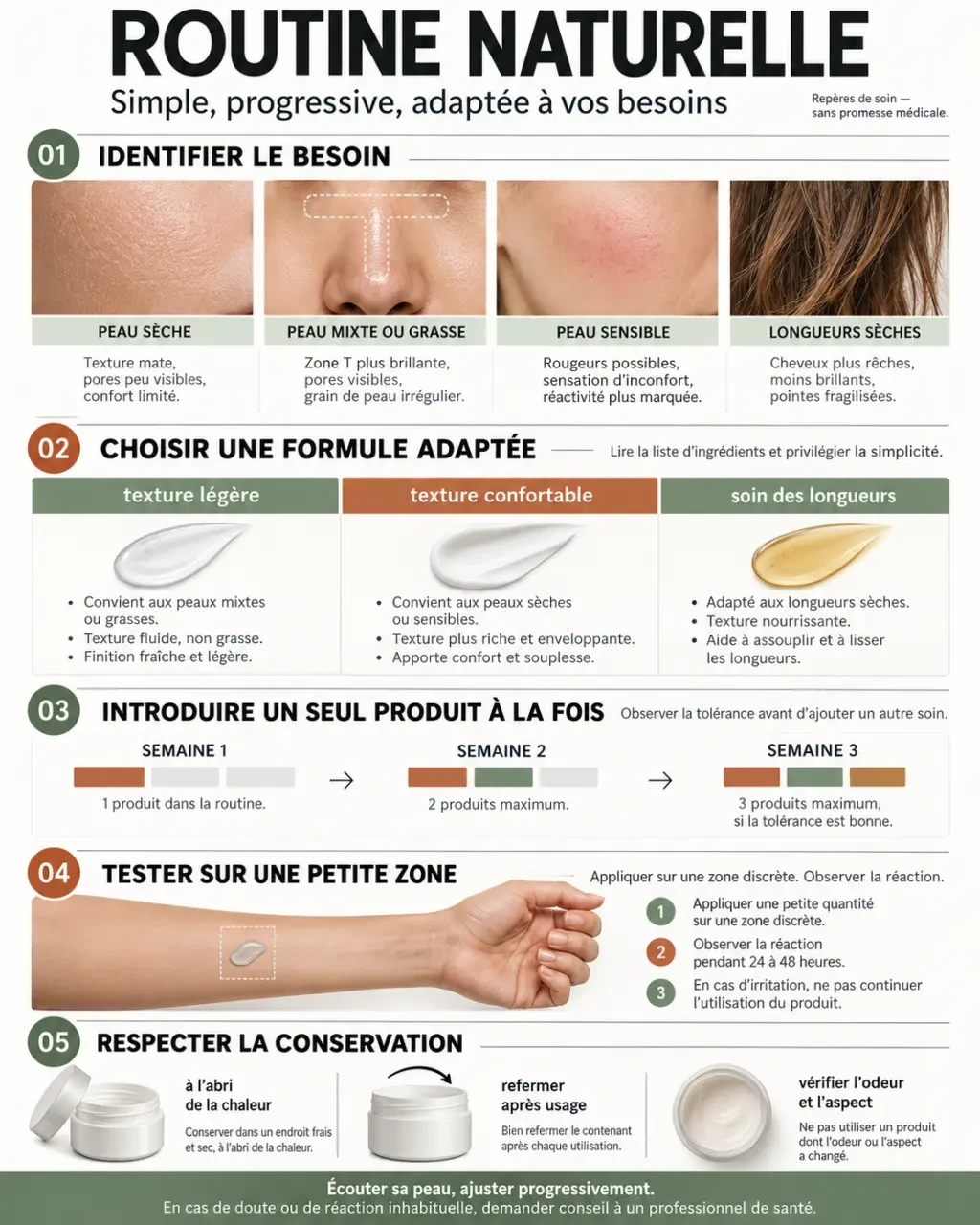 Infographie sur les soins naturels selon les besoins de la peau et des cheveux