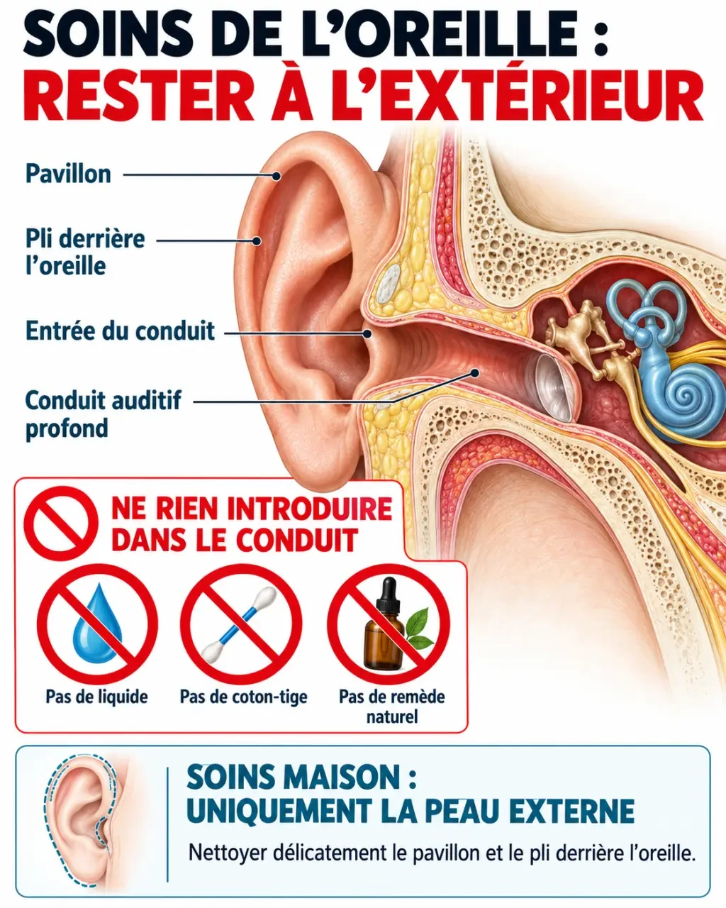 Eczéma oreille remède grand mère : schéma des zones externes à soigner et du conduit auditif à ne pas toucher