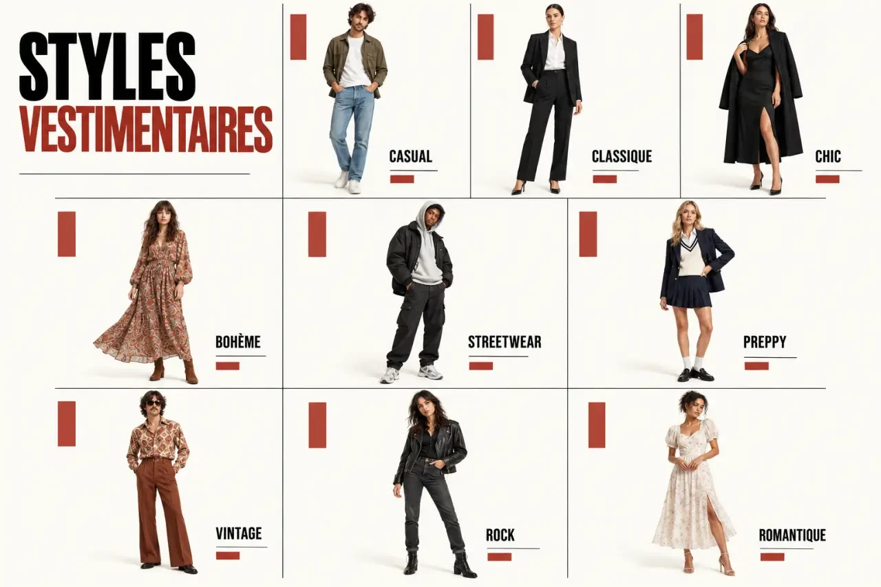 Exemples de styles vestimentaires casual, classique, chic, bohème et streetwear