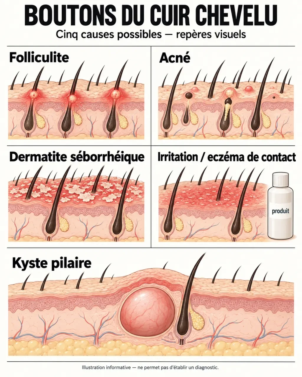 Illustration des principales causes possibles d’un bouton sur cuir chevelu