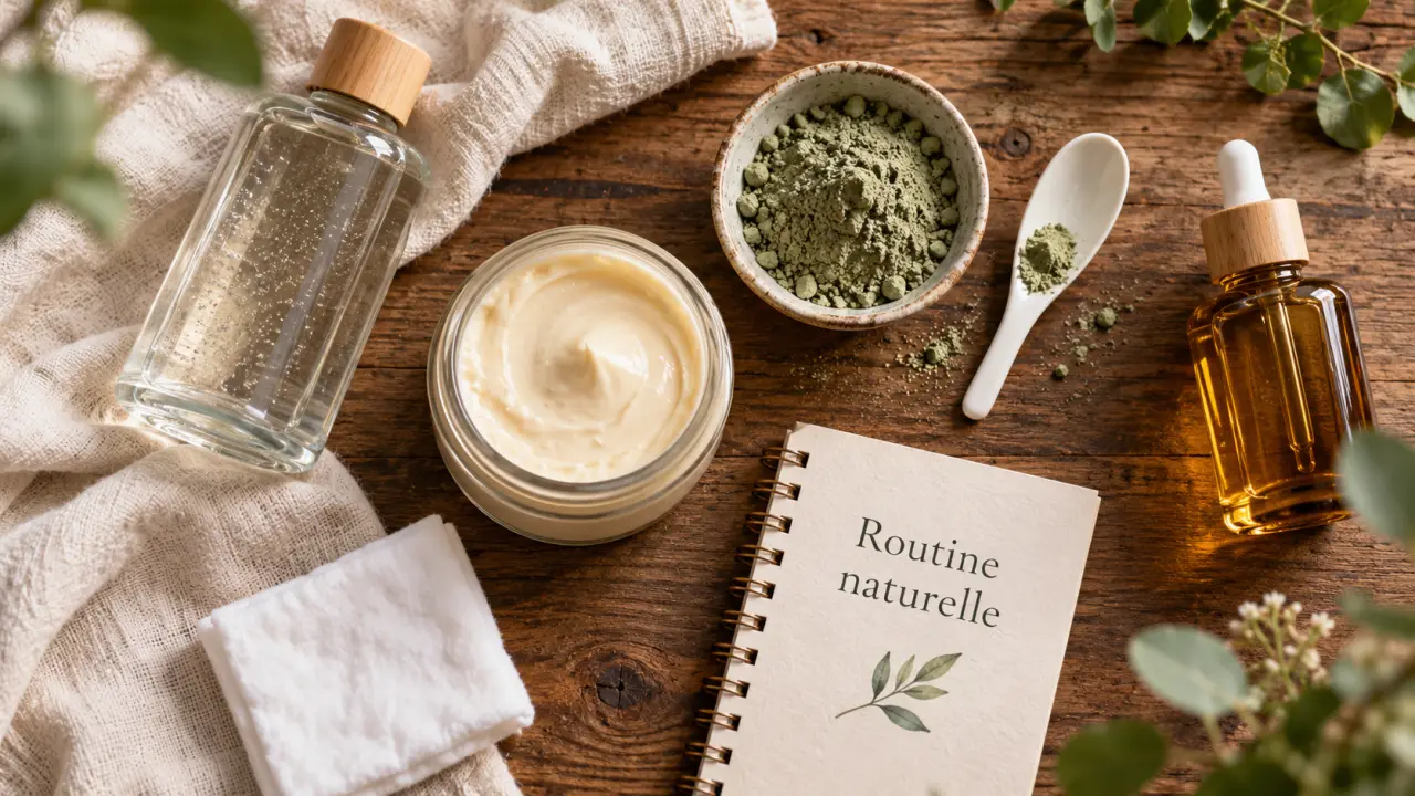 Soins naturels : routine courte sans citron, crème et argile sur table en bois