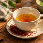 Thé au safran bienfaits : tasse d’infusion jaune orangé aux filaments de safran