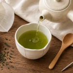 Thé sencha bienfaits : feuilles et tasse d’infusion