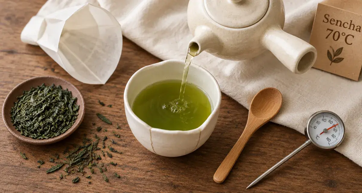 Thé sencha bienfaits : feuilles et tasse d’infusion